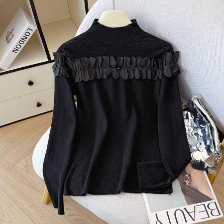 FA48032# 秋冬高领雪纺褶皱压褶花边针织打底衫女长袖内搭外穿上衣 服裝批發女裝批發服飾貨源