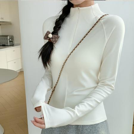 FA48036# 半高领德绒加绒打底衫内搭女q年秋冬新款鱼骨半拉链上衣T恤 服裝批發女裝批發服飾貨源