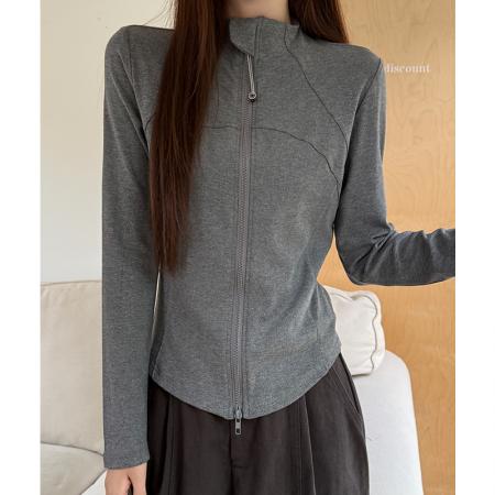 FA48037# 立领德绒拉链长袖t恤女冬季设计感修身灰色加绒加厚短款 服裝批發女裝批發服飾貨源