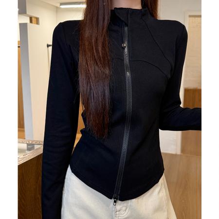 FA48037# 立领德绒拉链长袖t恤女冬季设计感修身灰色加绒加厚短款 服裝批發女裝批發服飾貨源