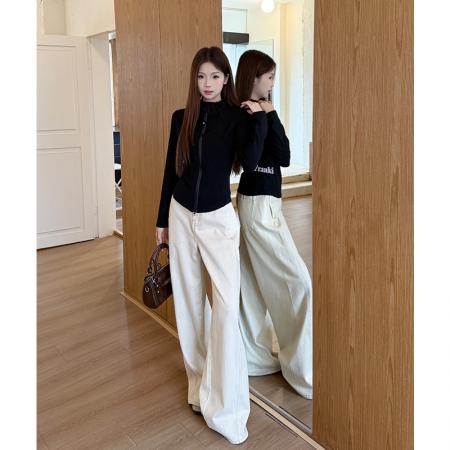 FA48037# 立领德绒拉链长袖t恤女冬季设计感修身灰色加绒加厚短款 服裝批發女裝批發服飾貨源