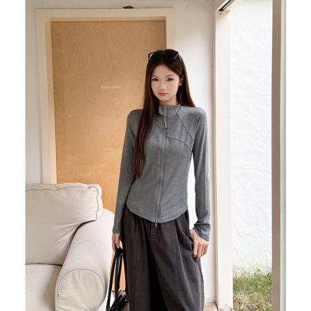 FA48037# 立领德绒拉链长袖t恤女冬季设计感修身灰色加绒加厚短款 服裝批發女裝批發服飾貨源