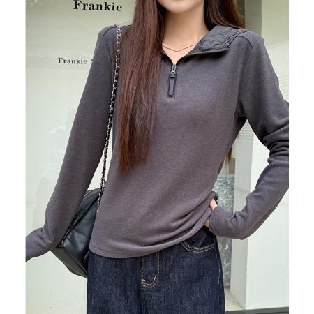 FA48038# 加绒德绒打底衫女内搭外穿外穿半拉链上衣长袖t恤秋连帽 服裝批發女裝批發服飾貨源