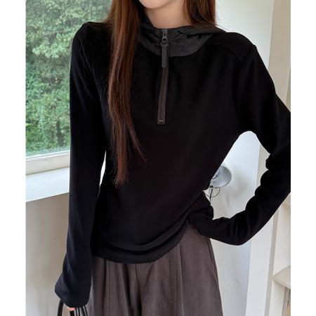 FA48038# 加绒德绒打底衫女内搭外穿外穿半拉链上衣长袖t恤秋连帽 服裝批發女裝批發服飾貨源