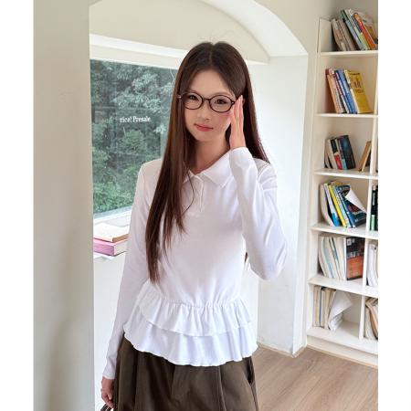 FA48039# 白色polo领长袖t恤女设计感气质修身内搭打底衫花边拼接 服裝批發女裝批發服飾貨源
