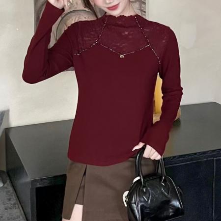 FA48040# 秋冬半高领蕾丝拼接长袖打底衫时尚洋气百搭显瘦打底上衣 服裝批發女裝批發服飾貨源