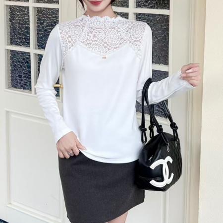 FA48040# 秋冬半高领蕾丝拼接长袖打底衫时尚洋气百搭显瘦打底上衣 服裝批發女裝批發服飾貨源