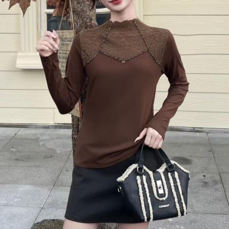 FA48040# 秋冬半高领蕾丝拼接长袖打底衫时尚洋气百搭显瘦打底上衣 服裝批發女裝批發服飾貨源