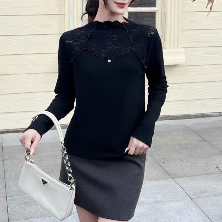 FA48040# 秋冬半高领蕾丝拼接长袖打底衫时尚洋气百搭显瘦打底上衣 服裝批發女裝批發服飾貨源