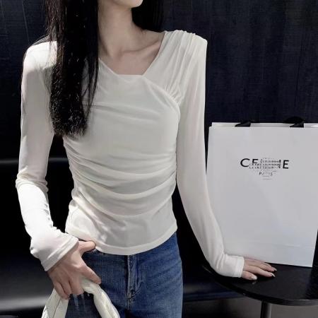 FA48042# 斜领长袖打底衫女新款春秋洋气外穿显瘦抽褶内搭t恤上衣 服裝批發女裝批發服飾貨源
