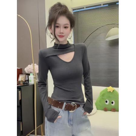 FA48045# 设计感镂空半高领长袖T恤女秋冬新款磨毛加绒打底衫修身上衣 服裝批發女裝批發服飾貨源