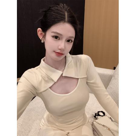 FA48046# 性感辣妹风polo领镂空长袖T恤女秋冬收腰紧身上衣 服裝批發女裝批發服飾貨源