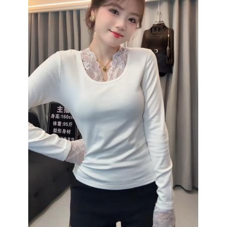 FA48047# 性感内搭蕾丝拼接打底衫女秋冬新款纯欲气质修身长袖t恤上衣 服裝批發女裝批發服飾貨源
