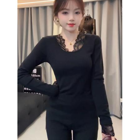 FA48047# 性感内搭蕾丝拼接打底衫女秋冬新款纯欲气质修身长袖t恤上衣 服裝批發女裝批發服飾貨源
