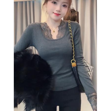 FA48047# 性感内搭蕾丝拼接打底衫女秋冬新款纯欲气质修身长袖t恤上衣 服裝批發女裝批發服飾貨源