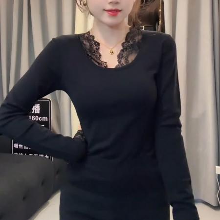 FA48047# 性感内搭蕾丝拼接打底衫女秋冬新款纯欲气质修身长袖t恤上衣 服裝批發女裝批發服飾貨源