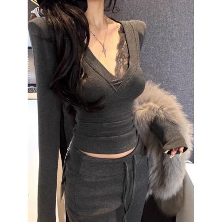 FA48049# 秋冬磨毛绒修身显瘦V领蕾丝拼接长袖T恤女打底衫上衣 服裝批發女裝批發服飾貨源