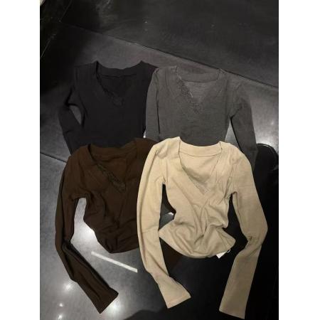 FA48049# 秋冬磨毛绒修身显瘦V领蕾丝拼接长袖T恤女打底衫上衣 服裝批發女裝批發服飾貨源