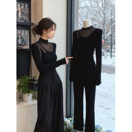 FA48050# 纯欲风性感网纱拼接半高领打底衫女秋冬新款修身长袖t恤上衣 服裝批發女裝批發服飾貨源