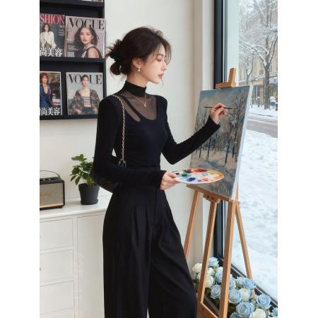 FA48050# 纯欲风性感网纱拼接半高领打底衫女秋冬新款修身长袖t恤上衣 服裝批發女裝批發服飾貨源