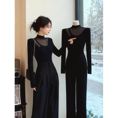 FA48050# 纯欲风性感网纱拼接半高领打底衫女秋冬新款修身长袖t恤上衣 服裝批發女裝批發服飾貨源