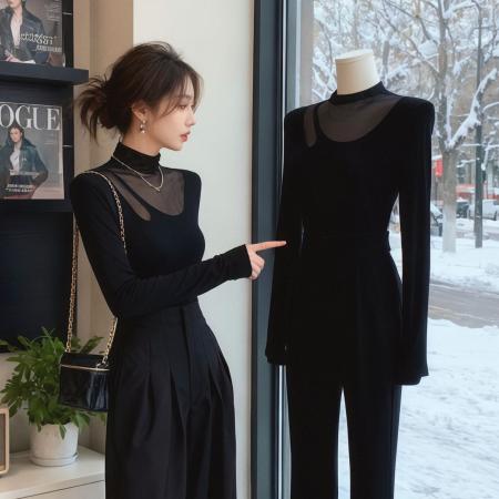 FA48050# 纯欲风性感网纱拼接半高领打底衫女秋冬新款修身长袖t恤上衣 服裝批發女裝批發服飾貨源