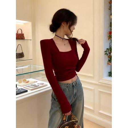 FA48052# 设计感双面绒方领长袖打底衫T恤女冬季修身显瘦辣妹红色内搭上衣 服裝批發女裝批發服飾貨源