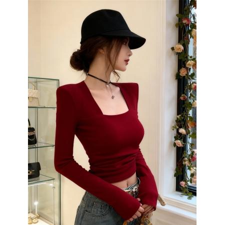 FA48052# 设计感双面绒方领长袖打底衫T恤女冬季修身显瘦辣妹红色内搭上衣 服裝批發女裝批發服飾貨源