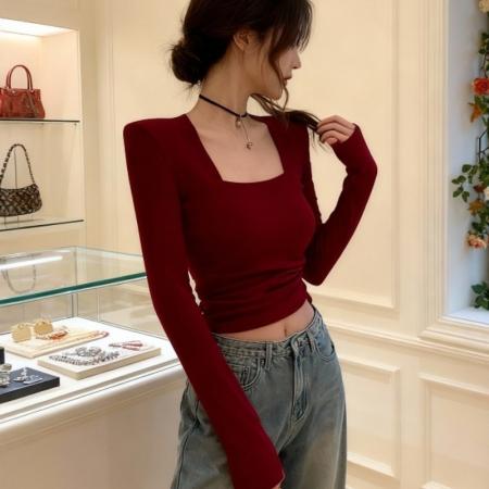 FA48052# 设计感双面绒方领长袖打底衫T恤女冬季修身显瘦辣妹红色内搭上衣 服裝批發女裝批發服飾貨源