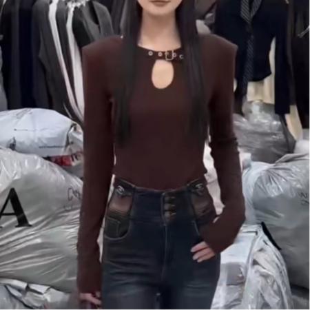 FA48053# 辣妹风心机镂空长袖打底衫女冬新款修身显瘦内搭t恤上衣 服裝批發女裝批發服飾貨源