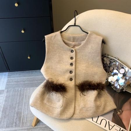 FA48056# 上韩系气质水貂毛开衫马甲女秋冬高级毛呢口袋拼接别致坎肩 服裝批發女裝批發服飾貨源