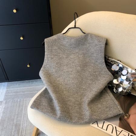 FA48056# 上韩系气质水貂毛开衫马甲女秋冬高级毛呢口袋拼接别致坎肩 服裝批發女裝批發服飾貨源