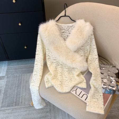 FA48057# 上法式气质辣妹高级毛毛V领拼接长袖蕾丝衫秋冬减龄洋气上衣 服裝批發女裝批發服飾貨源