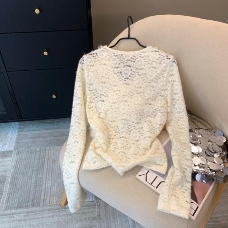 FA48057# 上法式气质辣妹高级毛毛V领拼接长袖蕾丝衫秋冬减龄洋气上衣 服裝批發女裝批發服飾貨源