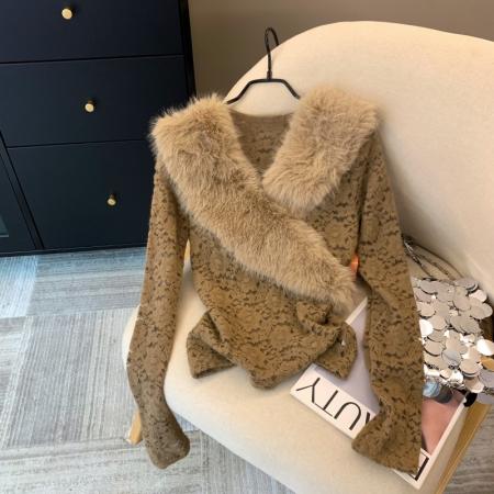 FA48057# 上法式气质辣妹高级毛毛V领拼接长袖蕾丝衫秋冬减龄洋气上衣 服裝批發女裝批發服飾貨源