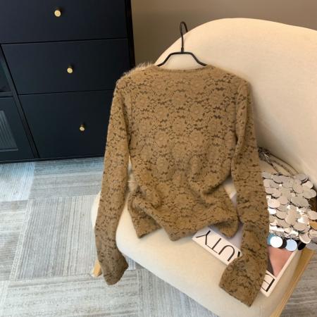 FA48057# 上法式气质辣妹高级毛毛V领拼接长袖蕾丝衫秋冬减龄洋气上衣 服裝批發女裝批發服飾貨源