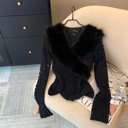 FA48057# 上法式气质辣妹高级毛毛V领拼接长袖蕾丝衫秋冬减龄洋气上衣 服裝批發女裝批發服飾貨源