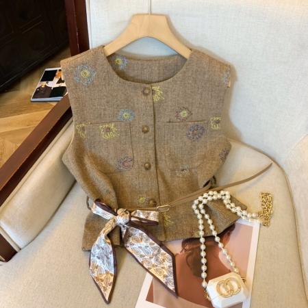 FA48059# 上灰色提花小香风西装马甲女秋季丝巾腰带背心法式坎肩外套 服裝批發女裝批發服飾貨源