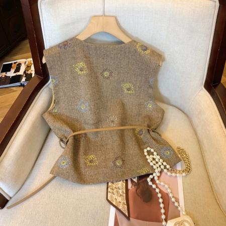 FA48059# 上灰色提花小香风西装马甲女秋季丝巾腰带背心法式坎肩外套 服裝批發女裝批發服飾貨源