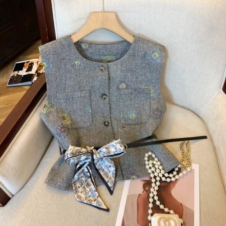 FA48059# 上灰色提花小香风西装马甲女秋季丝巾腰带背心法式坎肩外套 服裝批發女裝批發服飾貨源