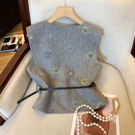 FA48059# 上灰色提花小香风西装马甲女秋季丝巾腰带背心法式坎肩外套 服裝批發女裝批發服飾貨源