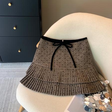 FA48061# 上miu风爱心波点毛呢半身裙女秋冬梨型a字短裙蝴蝶结百褶裙 服裝批發女裝批發服飾貨源