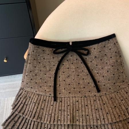FA48061# 上miu风爱心波点毛呢半身裙女秋冬梨型a字短裙蝴蝶结百褶裙 服裝批發女裝批發服飾貨源