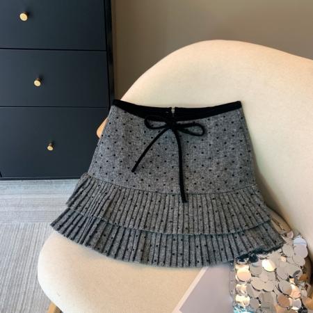 FA48061# 上miu风爱心波点毛呢半身裙女秋冬梨型a字短裙蝴蝶结百褶裙 服裝批發女裝批發服飾貨源