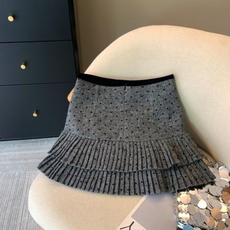 FA48061# 上miu风爱心波点毛呢半身裙女秋冬梨型a字短裙蝴蝶结百褶裙 服裝批發女裝批發服飾貨源