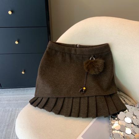 FA48062# 上美拉德咖色百褶毛呢半身裙女秋冬立体毛绒a字裙设计感显瘦 服裝批發女裝批發服飾貨源