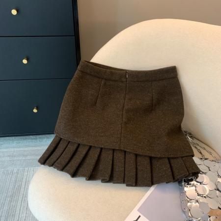 FA48062# 上美拉德咖色百褶毛呢半身裙女秋冬立体毛绒a字裙设计感显瘦 服裝批發女裝批發服飾貨源