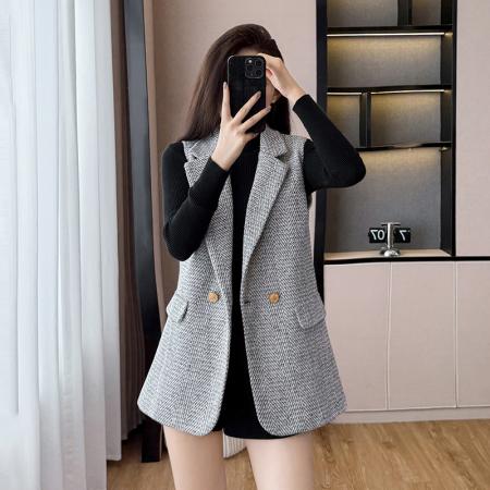 FA48067# 粗花呢小香风马甲背心女外套秋季新款上衣短款小个子无袖马夹 服裝批發女裝批發服飾貨源