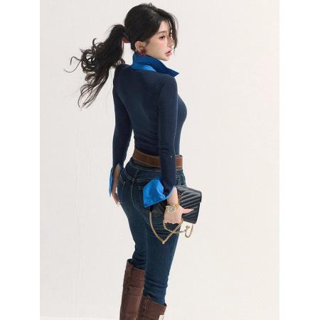 FA48085# 秋季氛围感上衣韩系小众设计感洋气减龄通勤蓝色假两件内搭针织衫 服裝批發女裝批發服飾貨源