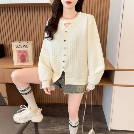 FA48091# 春秋韩版宽松螺纹拼接镂空装饰小设计提花卫衣女 服裝批發女裝批發服飾貨源